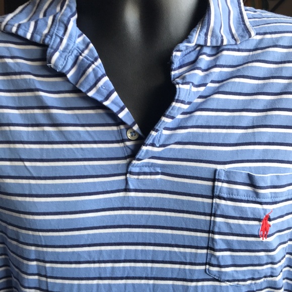 🚨B2G1 POLO RALPH LAUREN Baby Blue Dark Blue White Striped Short Sleeve Polo Top - Picture 1 of 4